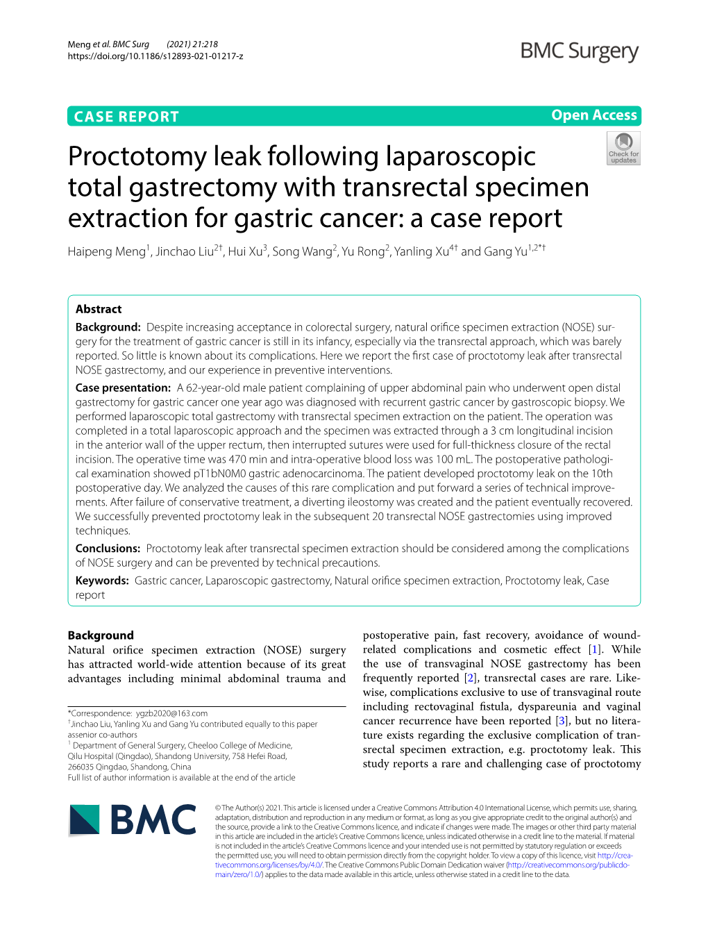 Proctotomy Leak Following Laparoscopic Total Gastrectomy With