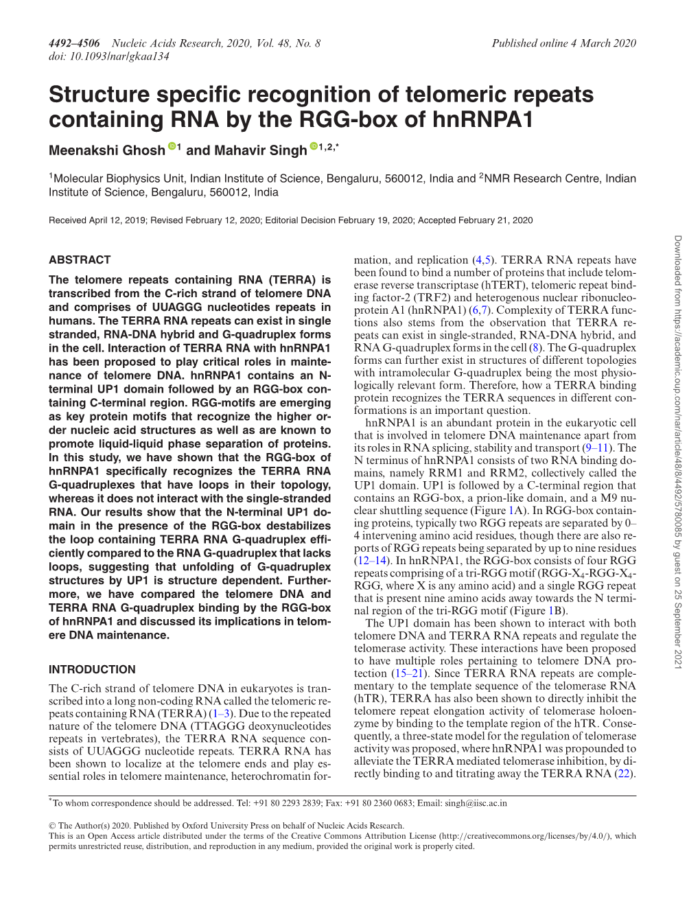 Structure Specific Recognition of Telomeric Repeats Containing RNA