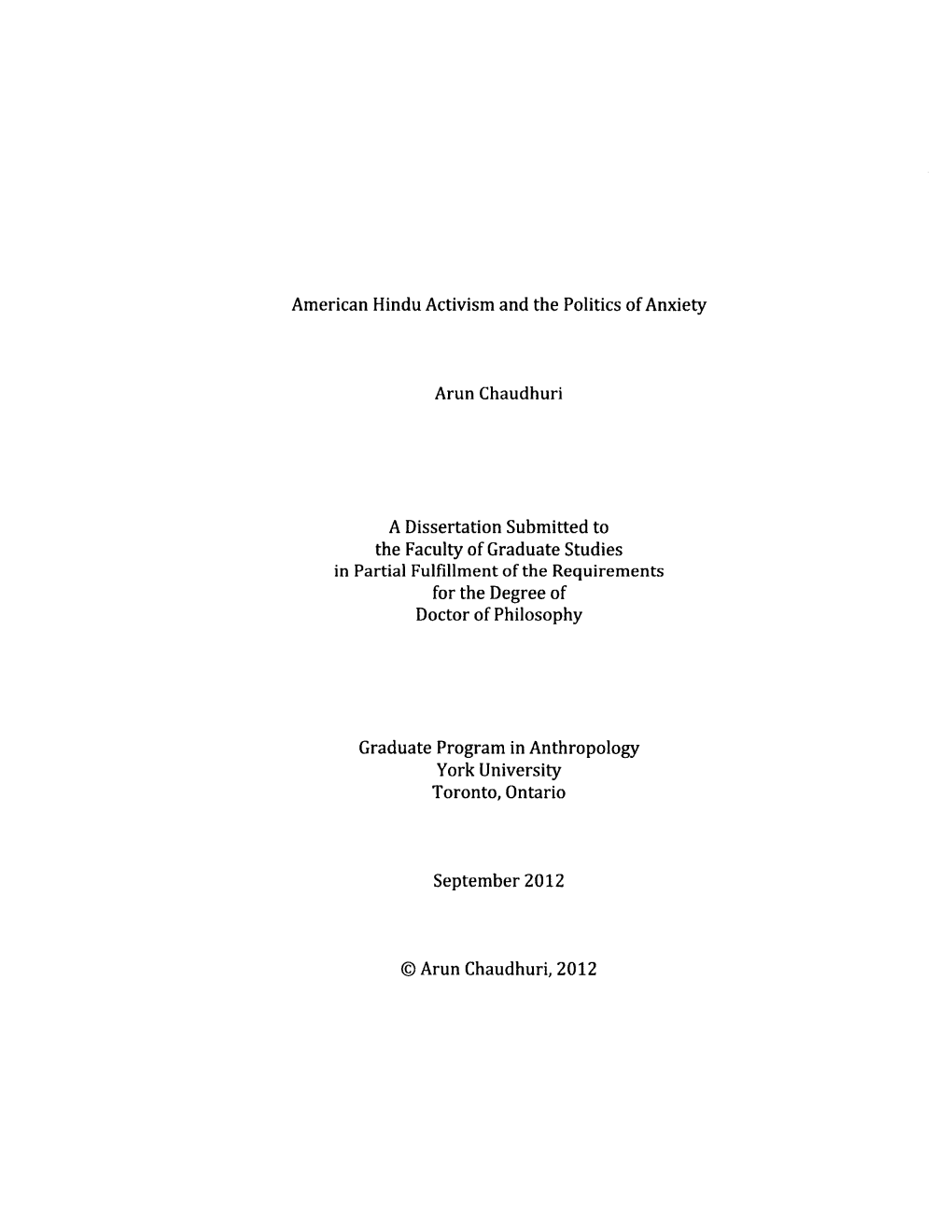 American Hindu Activism and the Politics of Anxiety Arun Chaudhuri