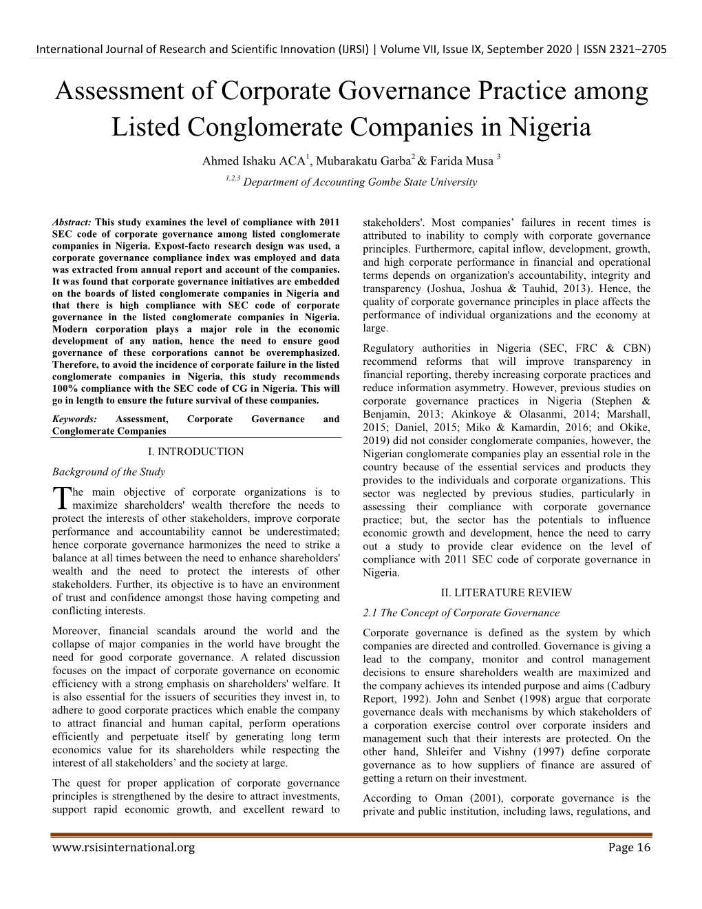 Assessment of Corporate Governance Practice Among Listed Conglomerate Companies in Nigeria