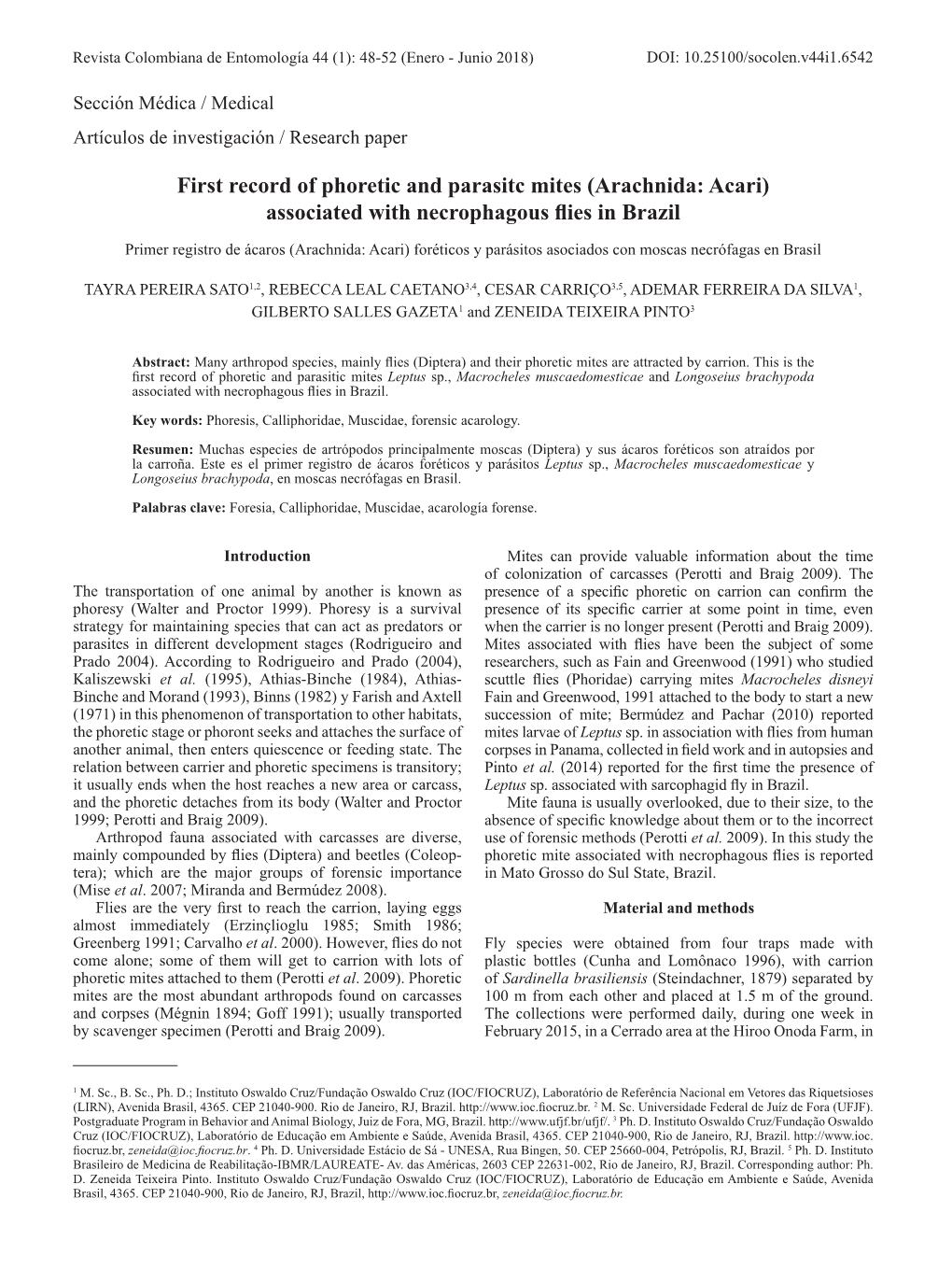 First Record of Phoretic and Parasitc Mites (Arachnida: Acari) Associated with Necrophagous Flies in Brazil