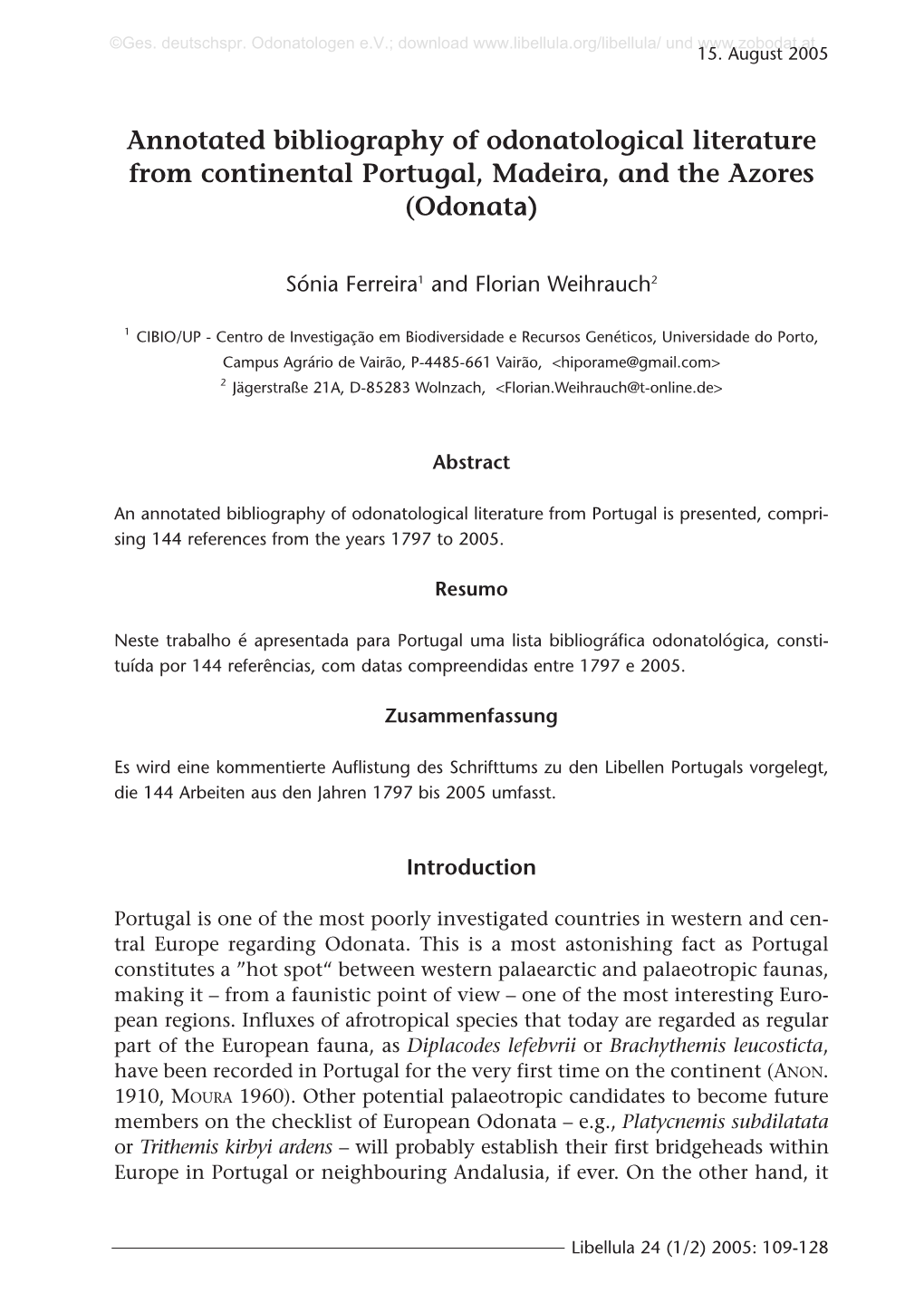 Annotated Bibliography of Odonatological Literature from Continental Portugal, Madeira, and the Azores (Odonata)