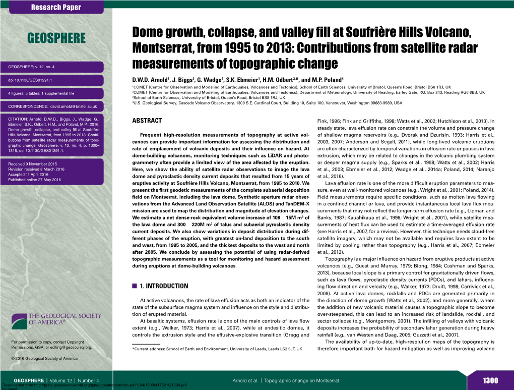 Dome Growth, Collapse, and Valley Fill at Soufrière Hills Volcano, Montserrat, from 1995 to 2013: Contributions from Satellite Radar