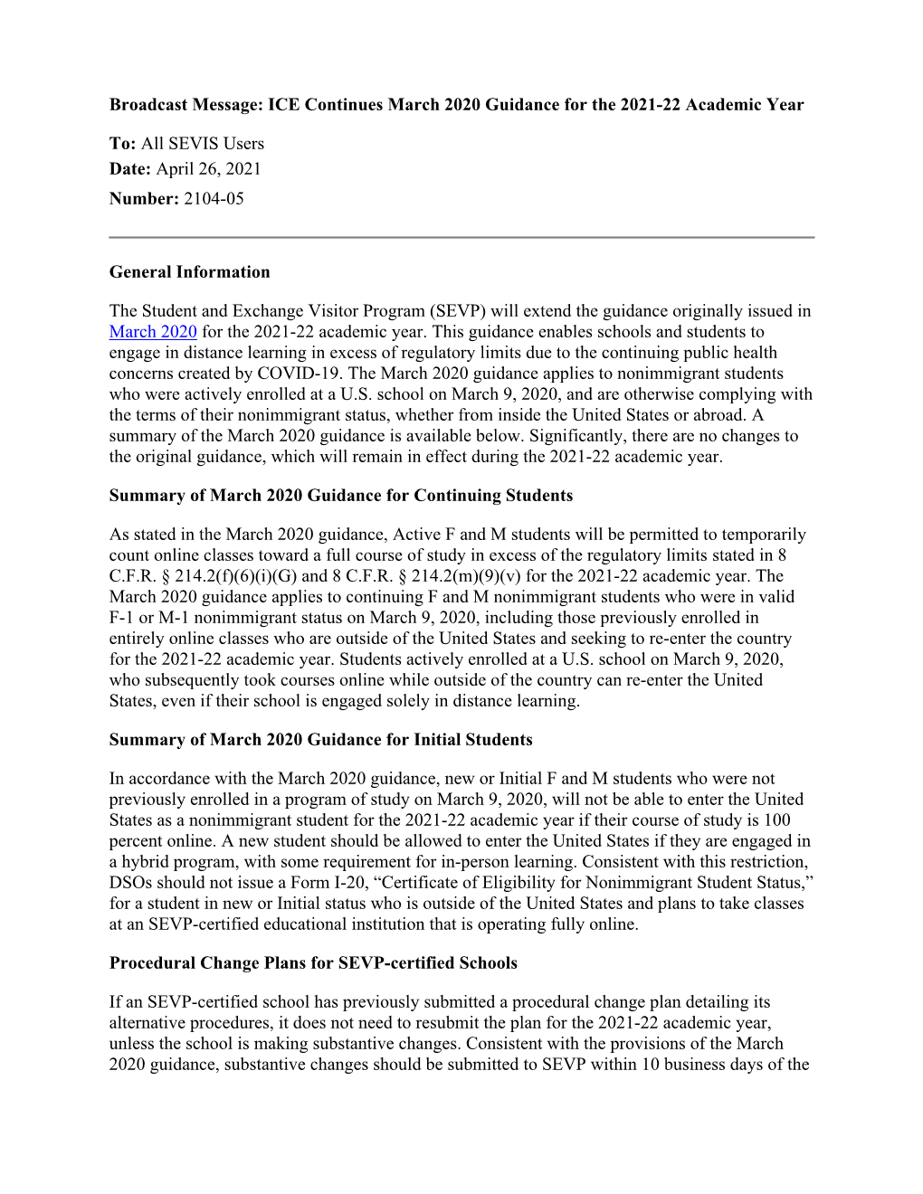 Broadcast Message: ICE Continues March 2020 Guidance to 2021-22 Academic Year