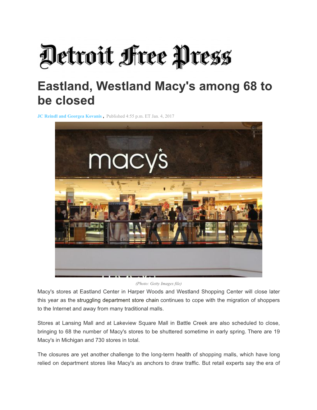 Eastland, Westland Macy's Among 68 to Be Closed