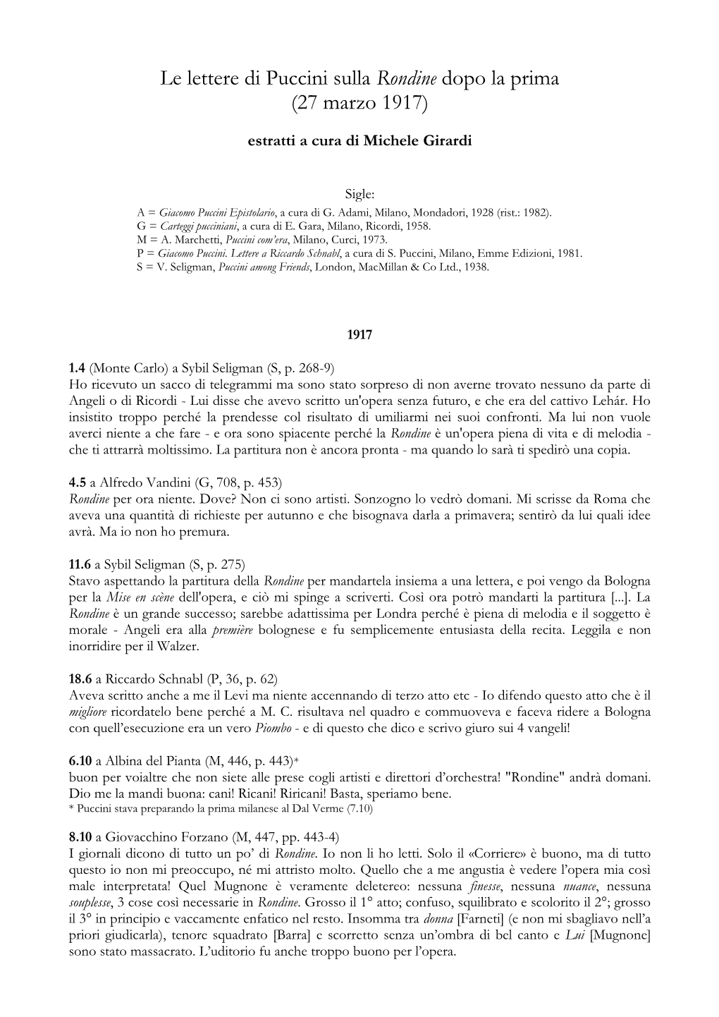 Le Lettere Di Puccini Sulla Rondine Dopo La Prima (27 Marzo 1917)