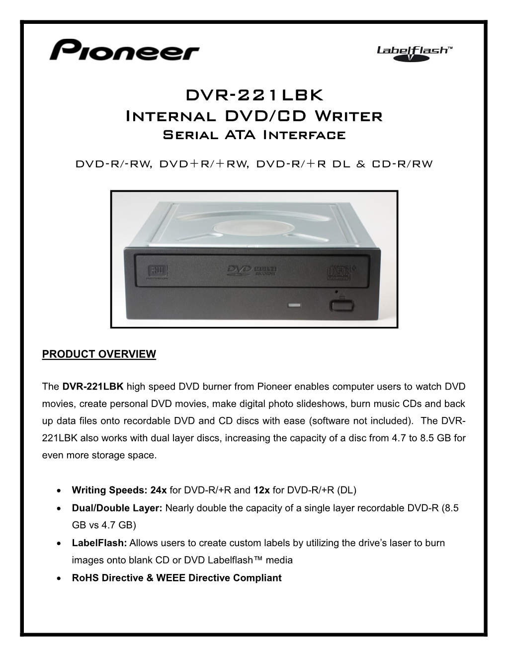 DVR-221LBK Internal DVD/CD Writer Serial ATA Interface