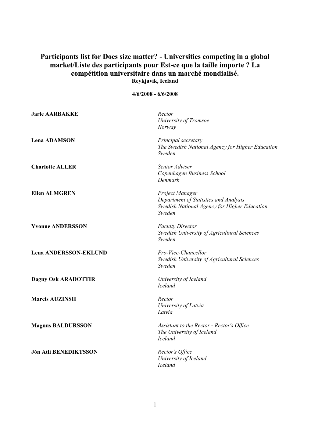 Participants List for Does Size Matter?