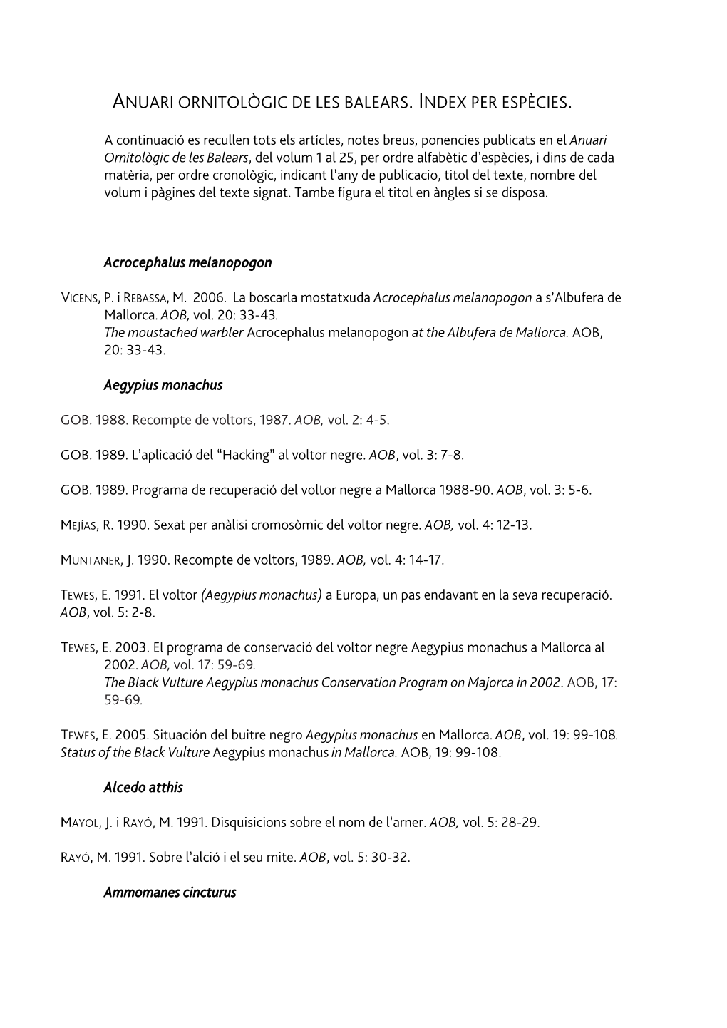 Anuari Ornitològic De Les Balears. Index Per Espècies