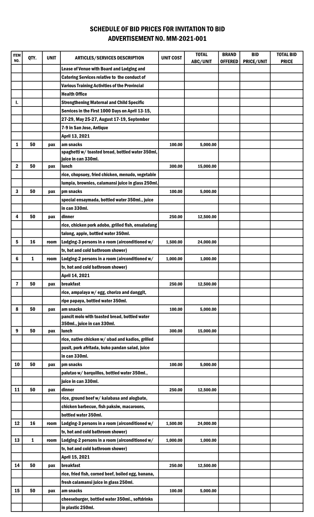 Schedule of Bid Prices for Invitation to Bid Advertisement No