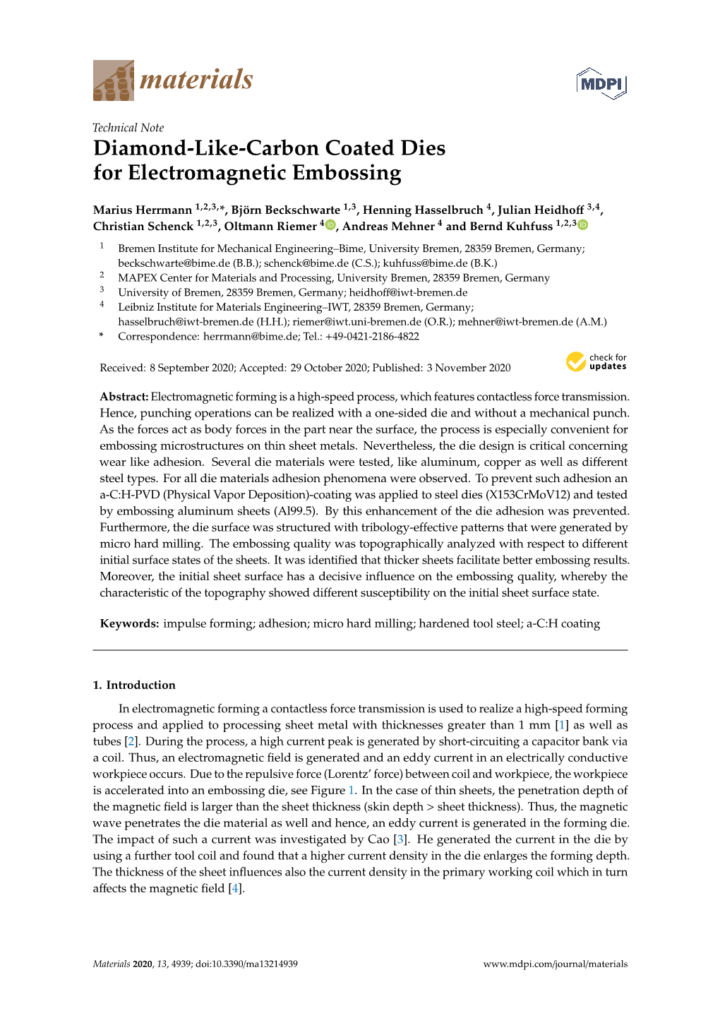 Diamond-Like-Carbon Coated Dies for Electromagnetic Embossing