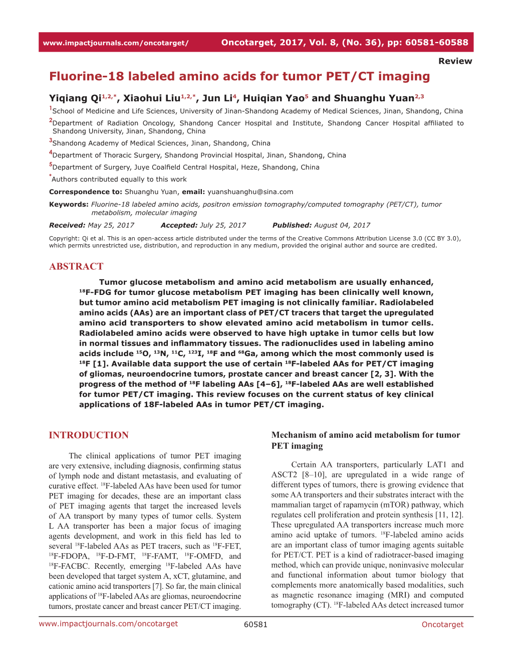 Fluorine-18 Labeled Amino Acids for Tumor PET/CT Imaging