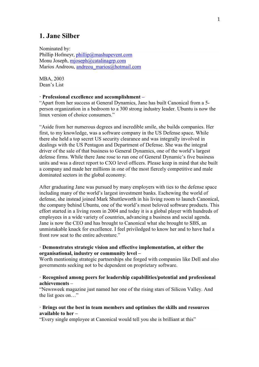 Excellence in Business Leadership Award SHORTLIST 26May2010