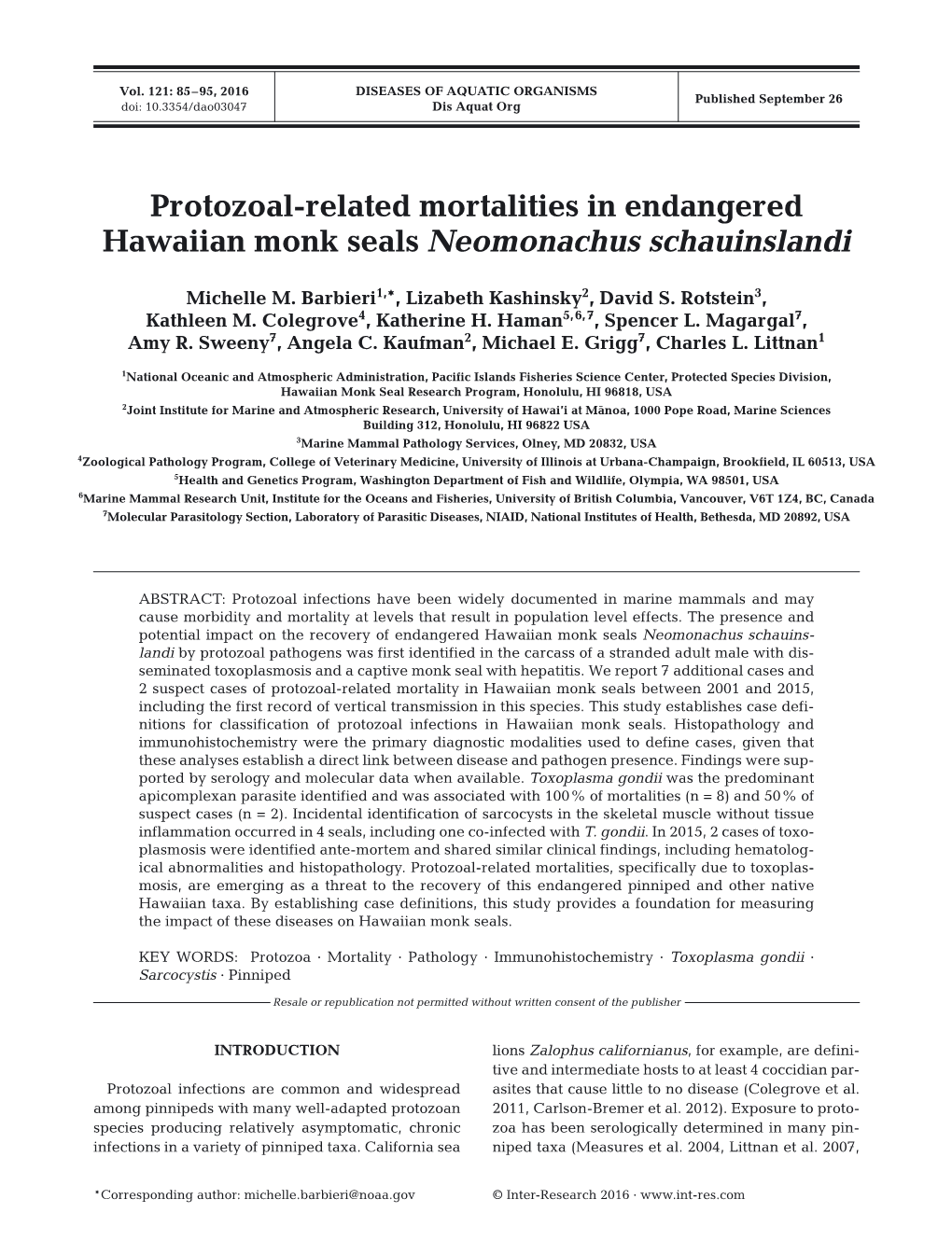 Protozoal-Related Mortalities in Endangered Hawaiian Monk Seals Neomonachus Schauinslandi