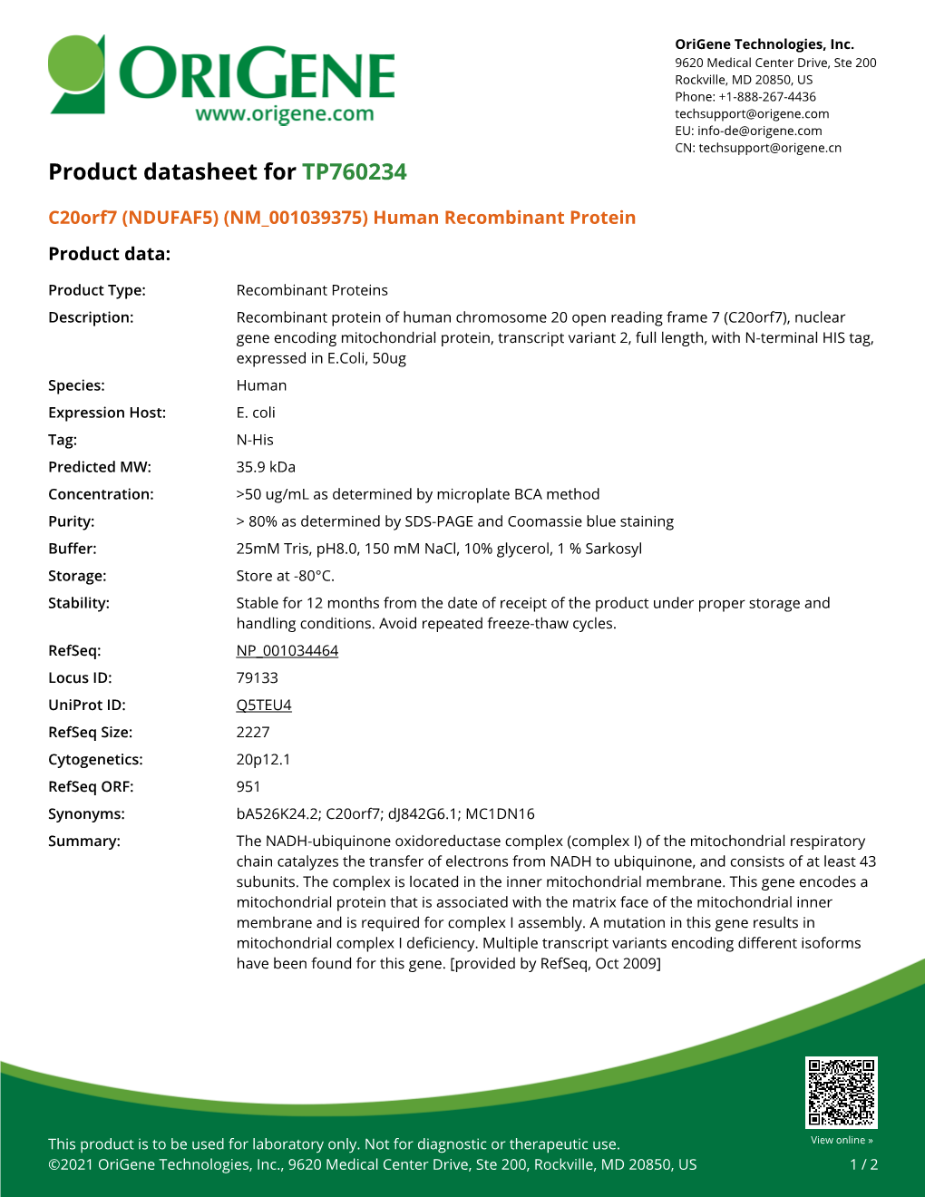 C20orf7 (NDUFAF5) (NM 001039375) Human Recombinant Protein Product Data