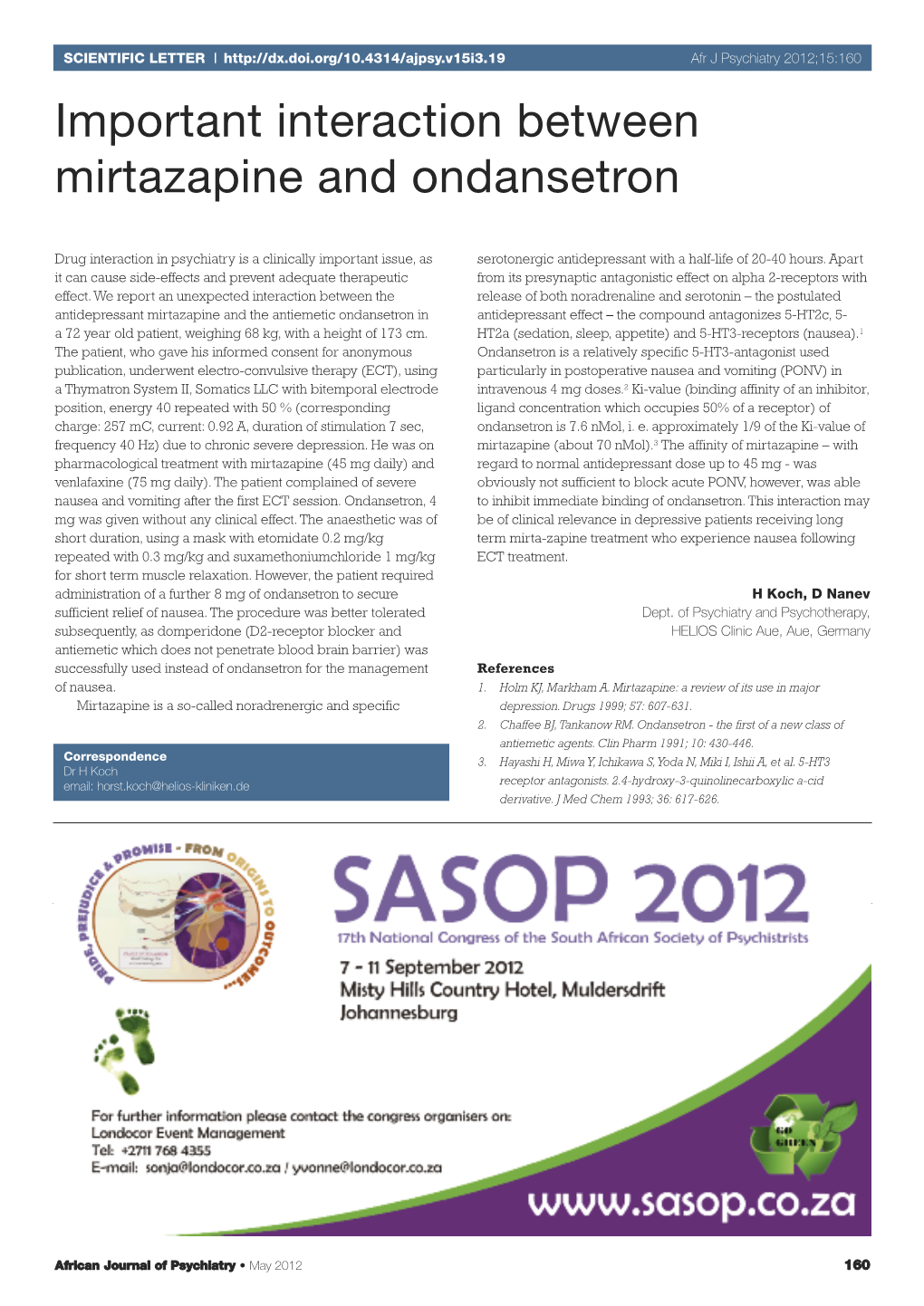 Important Interaction Between Mirtazapine and Ondansetron