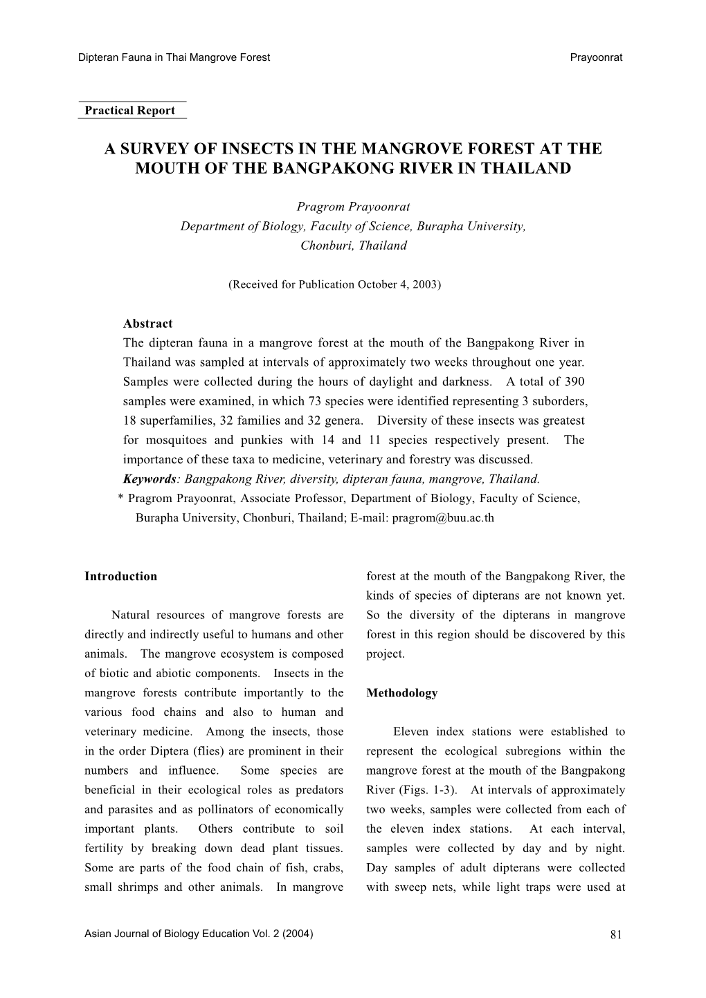 A Survey of Insects in the Mangrove Forest at the Mouth of The