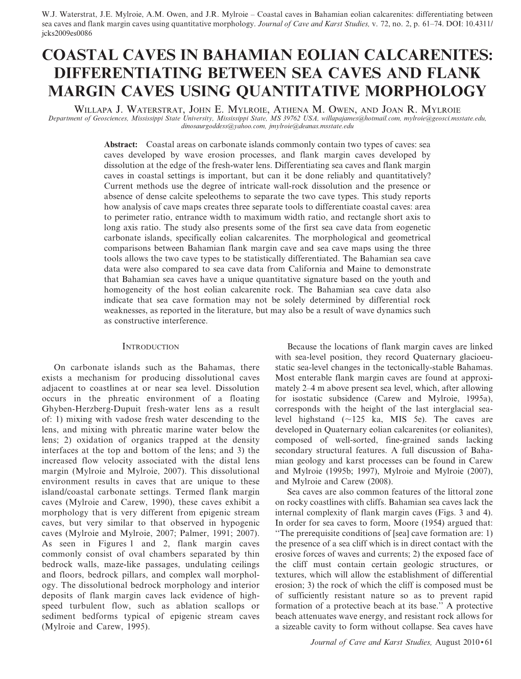 Coastal Caves in Bahamian Eolian Calcarenites: Differentiating Between Sea Caves and Flank Margin Caves Using Quantitative Morphology