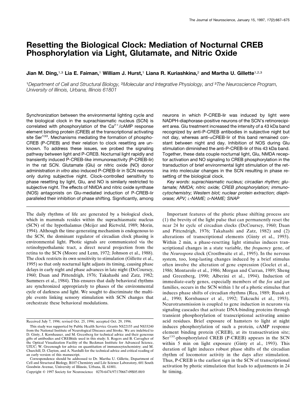 Resetting the Biological Clock: Mediation of Nocturnal CREB Phosphorylation Via Light, Glutamate, and Nitric Oxide