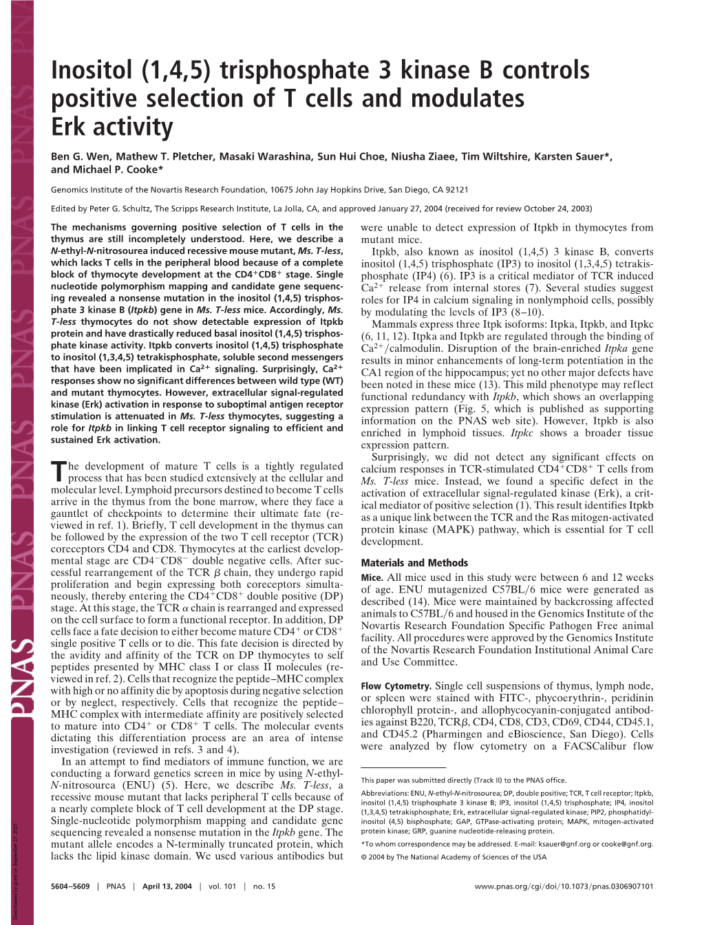 Inositol (1,4,5) Trisphosphate 3 Kinase B Controls Positive Selection of T Cells and Modulates Erk Activity