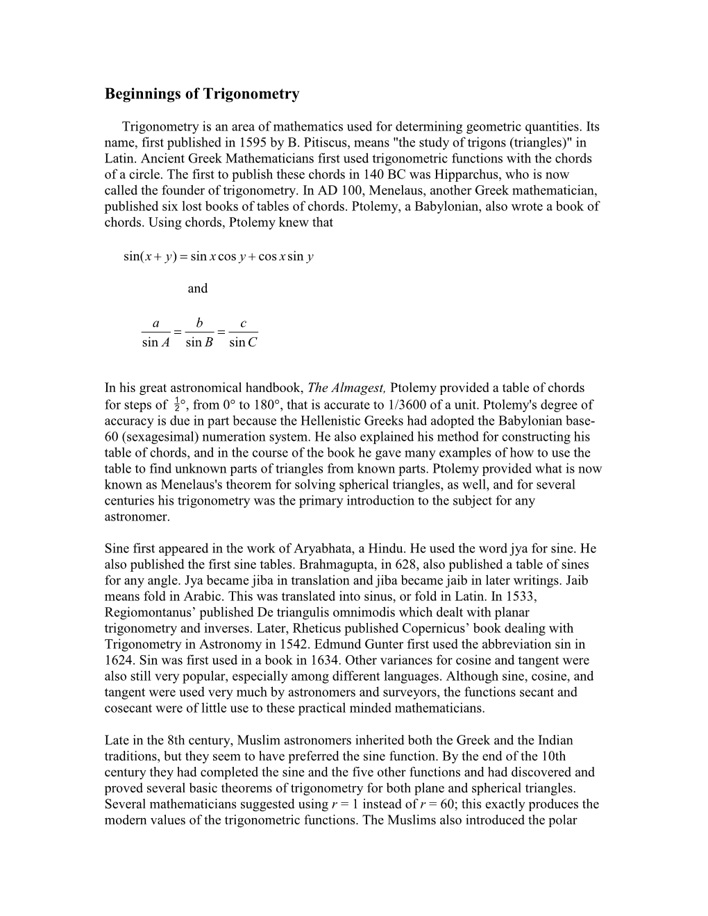 Beginnings of Trigonometry