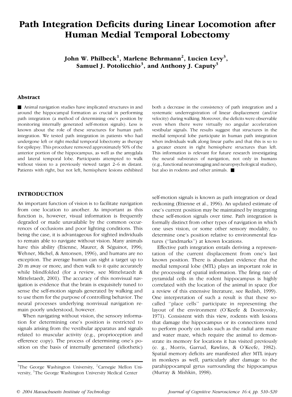 Path Integration Deficits During Linear Locomotion After Human Medial Temporal Lobectomy