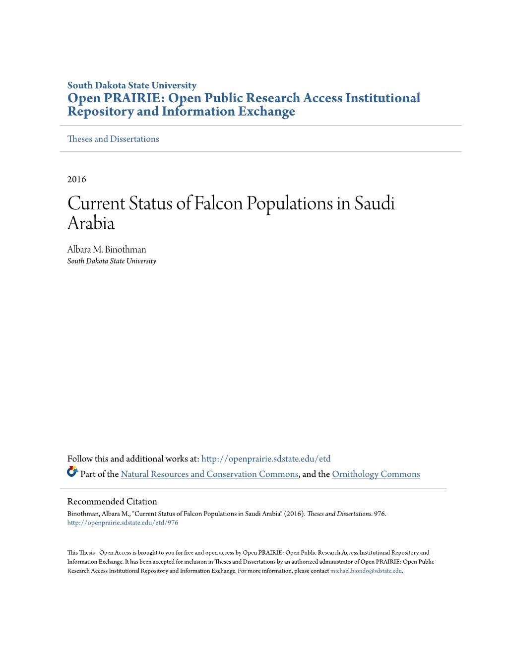 Current Status of Falcon Populations in Saudi Arabia Albara M