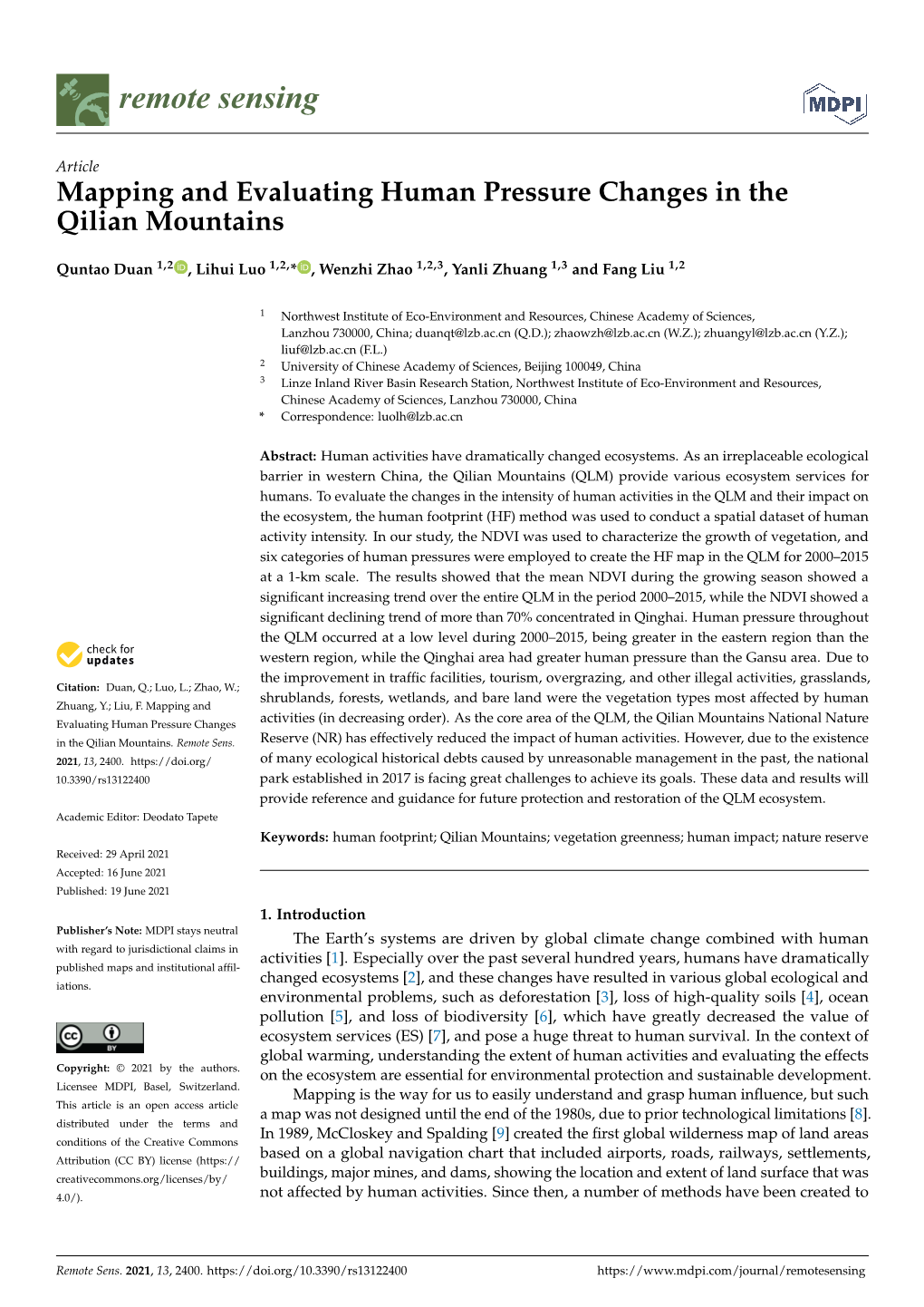 Mapping and Evaluating Human Pressure Changes in the Qilian Mountains