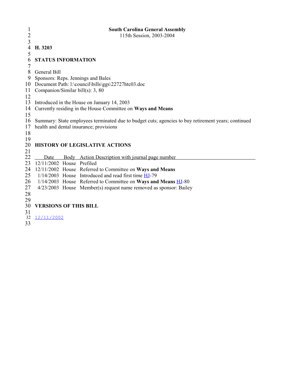 2003-2004 Bill 3203: State Employees Terminated Due to Budget Cuts; Agencies to Buy Retirement