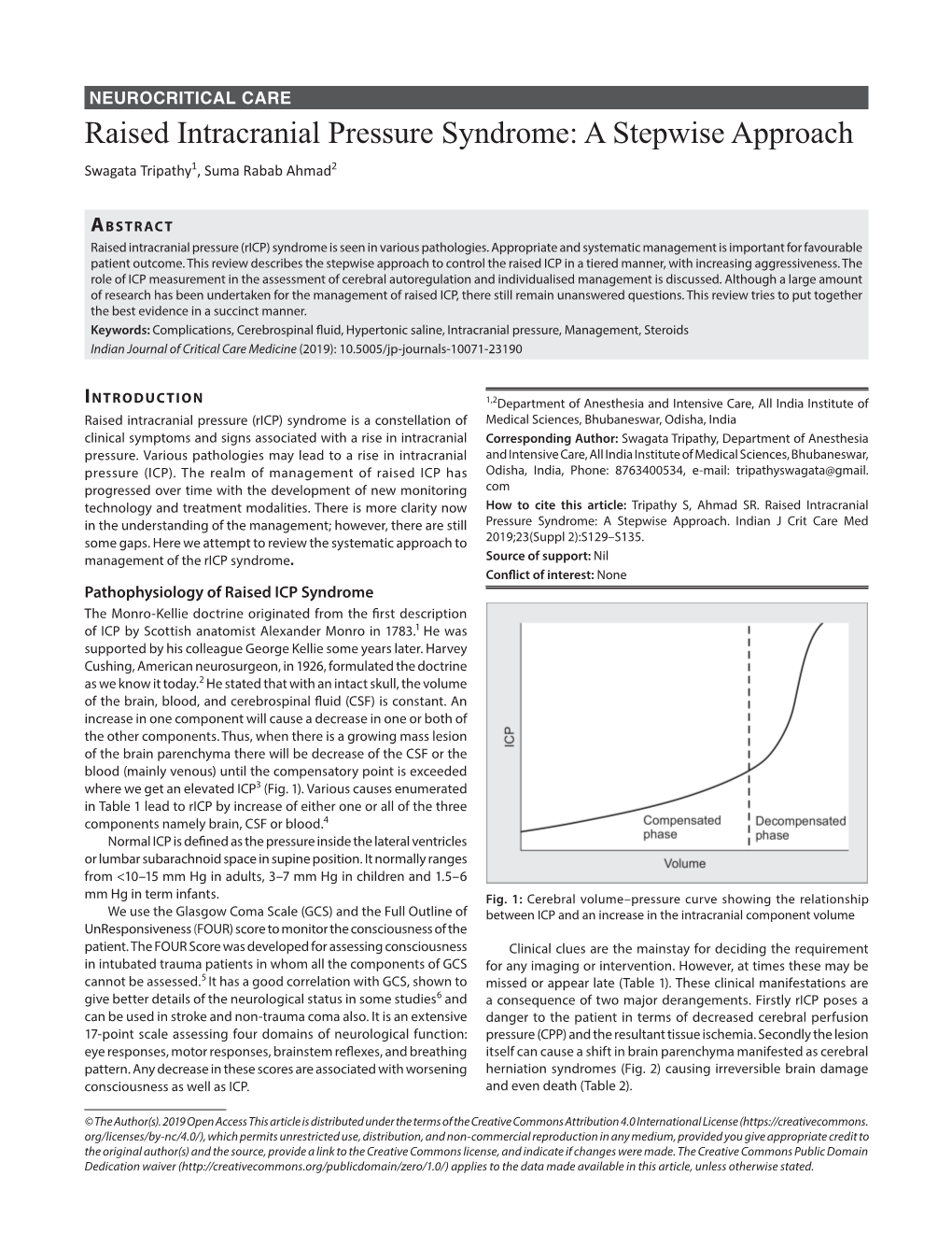 Raised Intracranial Pressure Syndrome: a Stepwise Approach Swagata Tripathy1, Suma Rabab Ahmad2