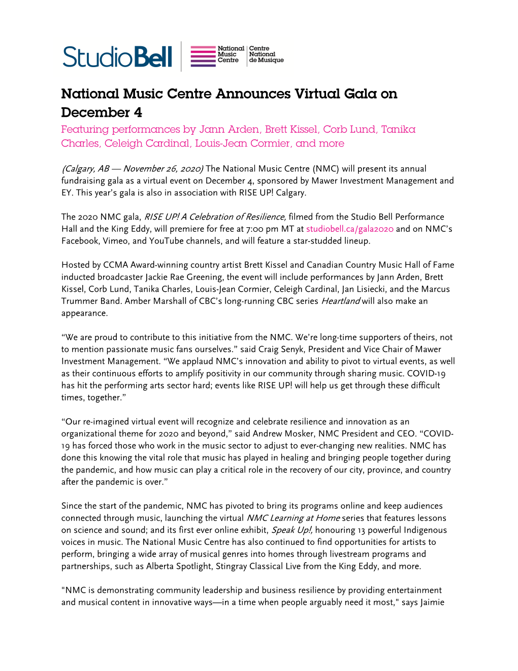National Music Centre Announces Virtual Gala on December 4