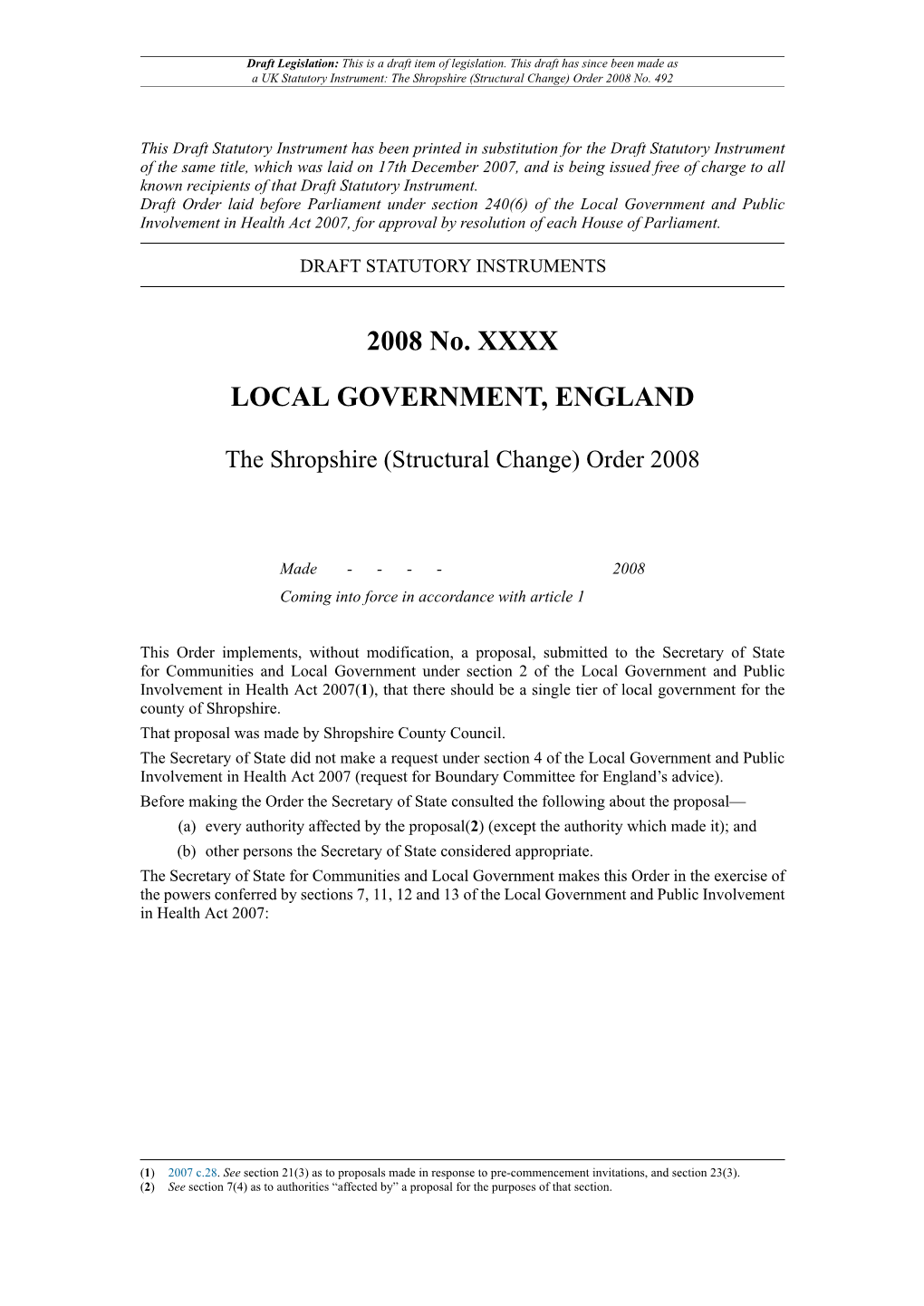 The Shropshire (Structural Change) Order 2008 No