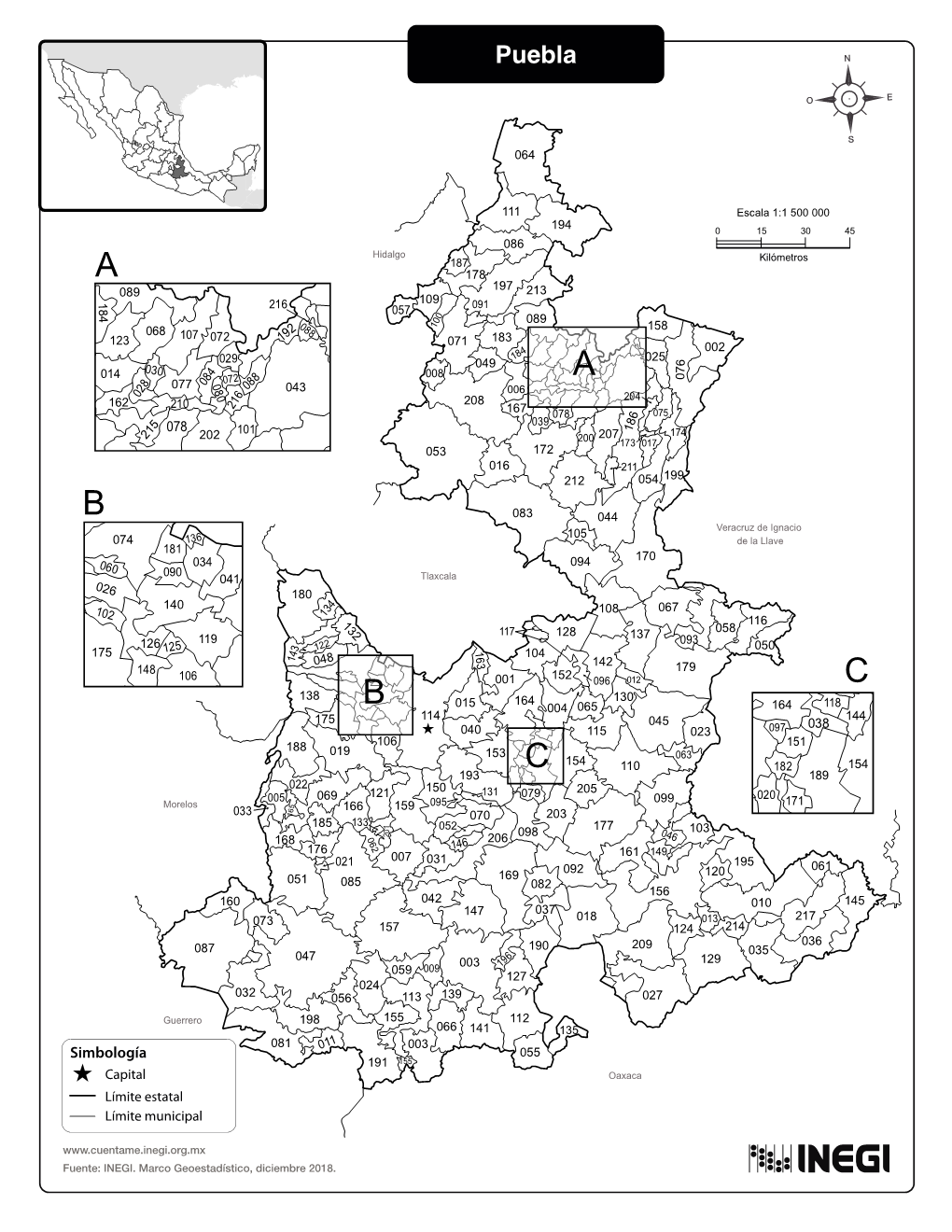 Mapa De Puebla. División Municipal