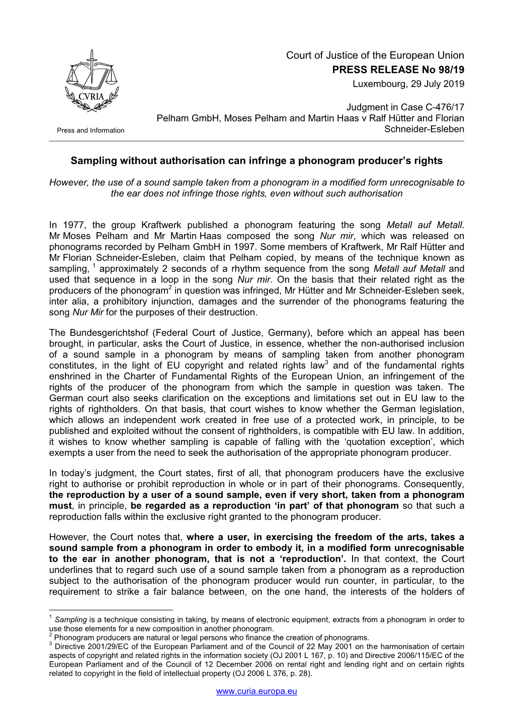 Sampling Without Authorisation Can Infringe a Phonogram Producer's