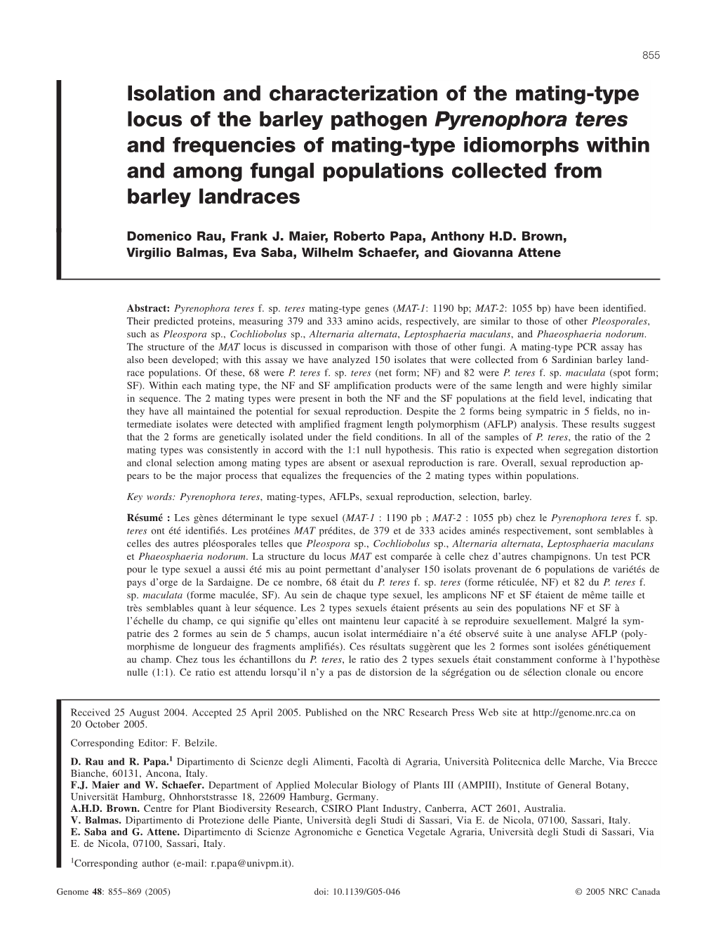 Isolation and Characterization of the Mating-Type Locus of the Barley