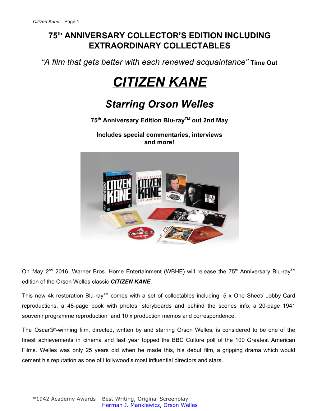 Citizen Kane – Page 1 ​ Th 75 ​ ANNIVERSARY COLLECTOR’S EDITION INCLUDING ​ EXTRAORDINARY COLLECTABLES