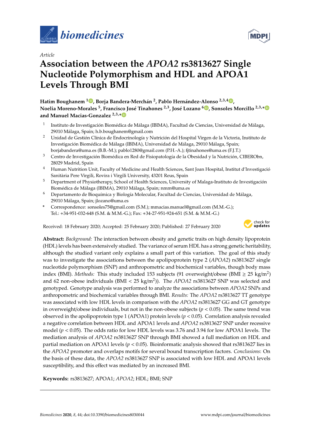 Association Between the APOA2 Rs3813627 Single Nucleotide Polymorphism and HDL and APOA1 Levels Through BMI
