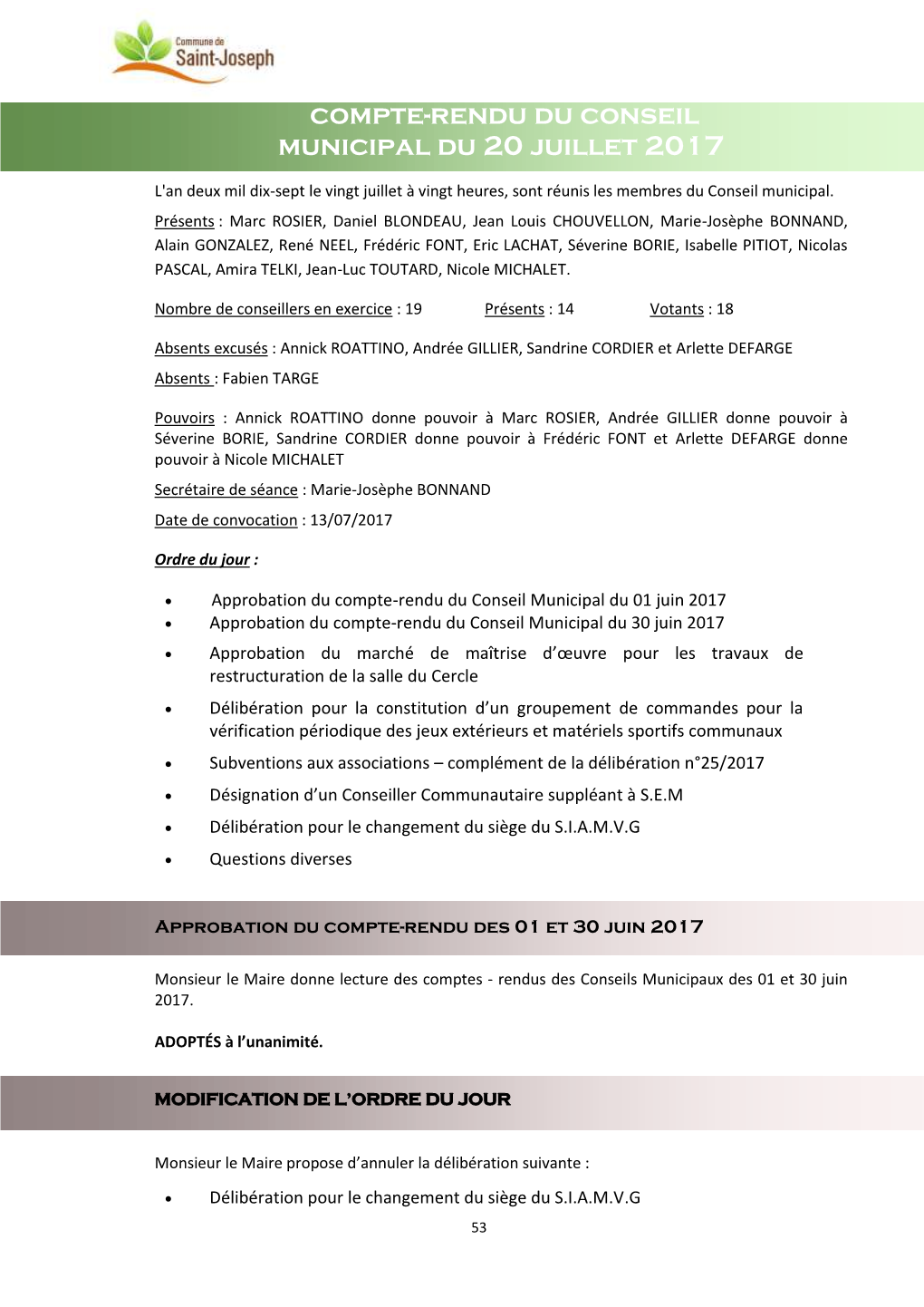 Compte-Rendu Du Conseil Municipal Du 20 Juillet 2017