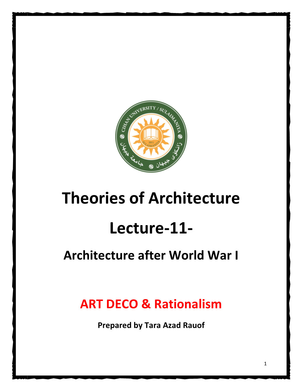 Theories of Architecture Lecture-11- Architecture After World War I