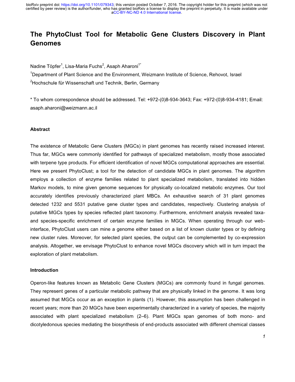 The Phytoclust Tool for Metabolic Gene Clusters Discovery in Plant Genomes