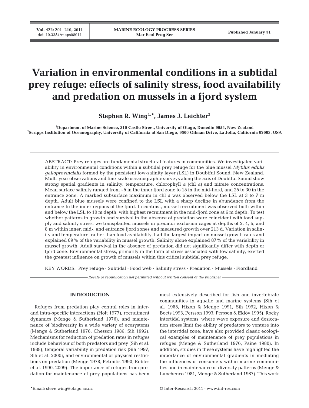 Variation in Environmental Conditions in a Subtidal Prey Refuge: Effects of Salinity Stress, Food Availability and Predation on Mussels in a Fjord System