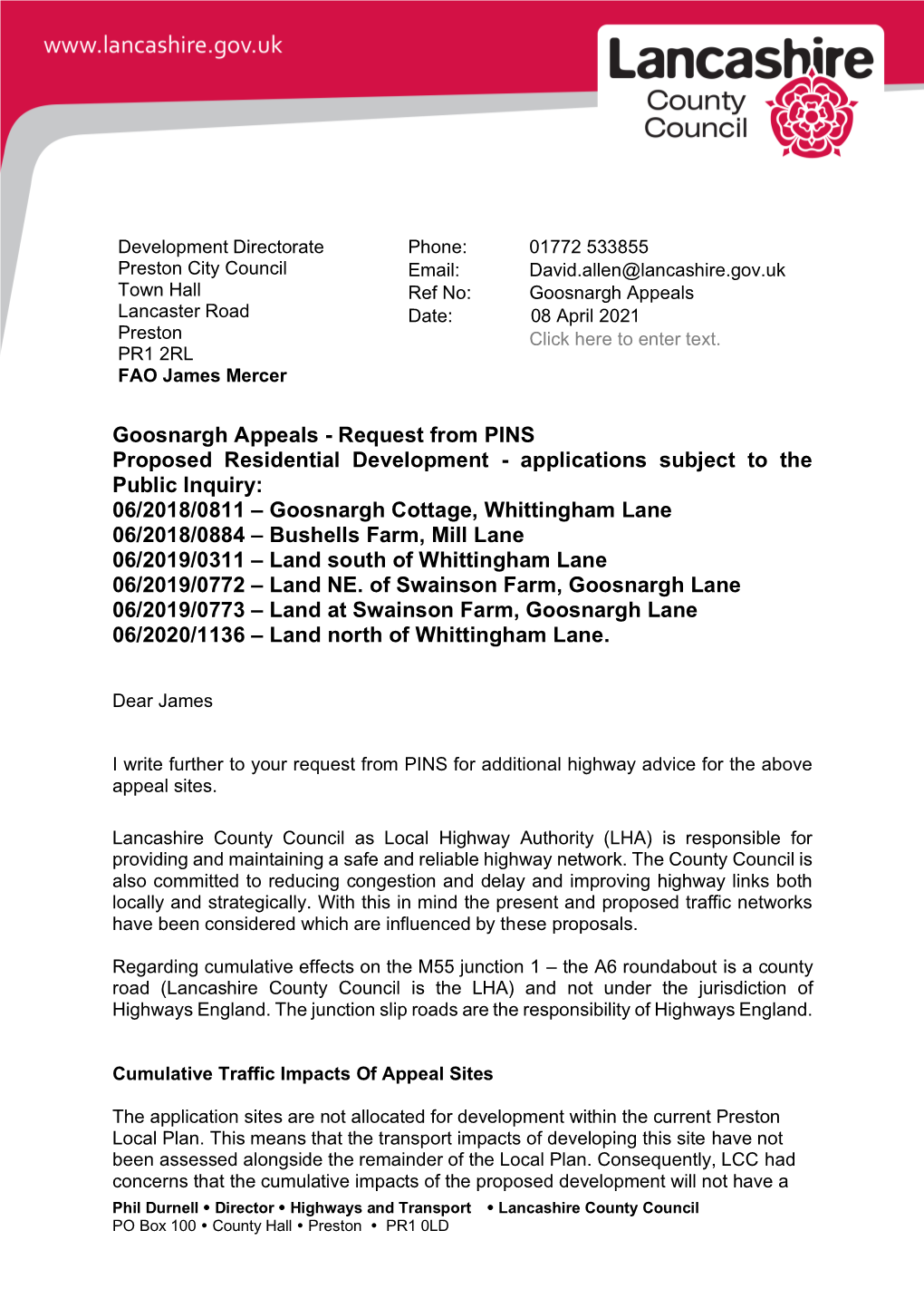 Goosnargh Appeals Lancaster Road Date: 08 April 2021 Preston Click Here to Enter Text