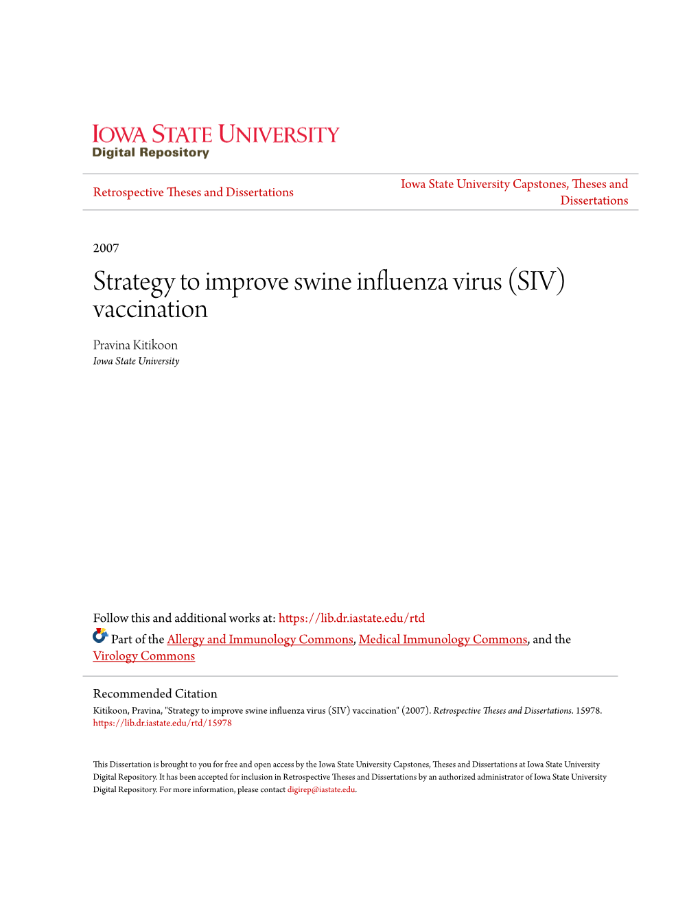 (SIV) Vaccination Pravina Kitikoon Iowa State University