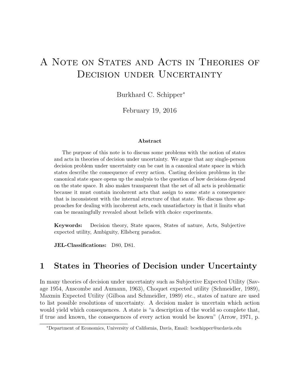 A Note on States and Acts in Theories of Decision Under Uncertainty