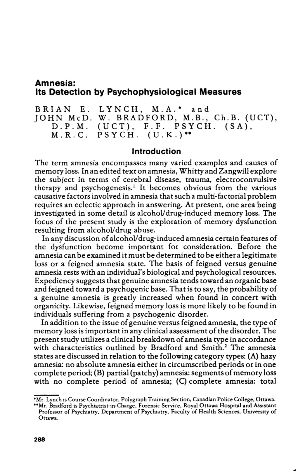 Amnesia: Its Detection by Psychophysiological Measures