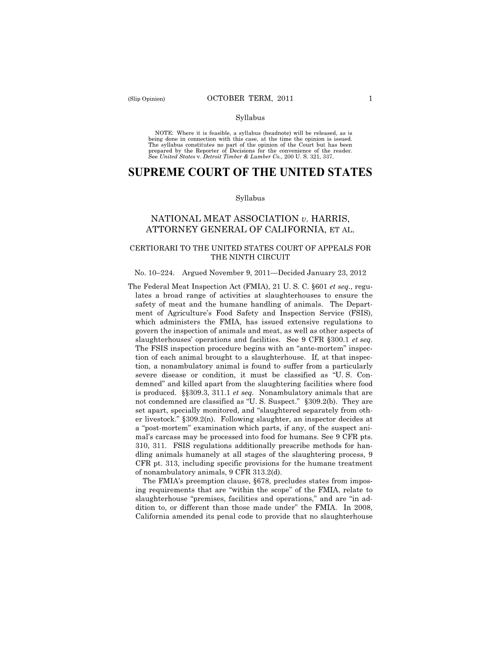 10-224 National Meat Assn. V. Harris (01/23/2012)