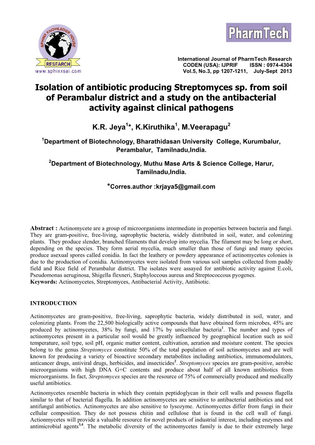 Isolation of Antibiotic Producing Streptomyces Sp