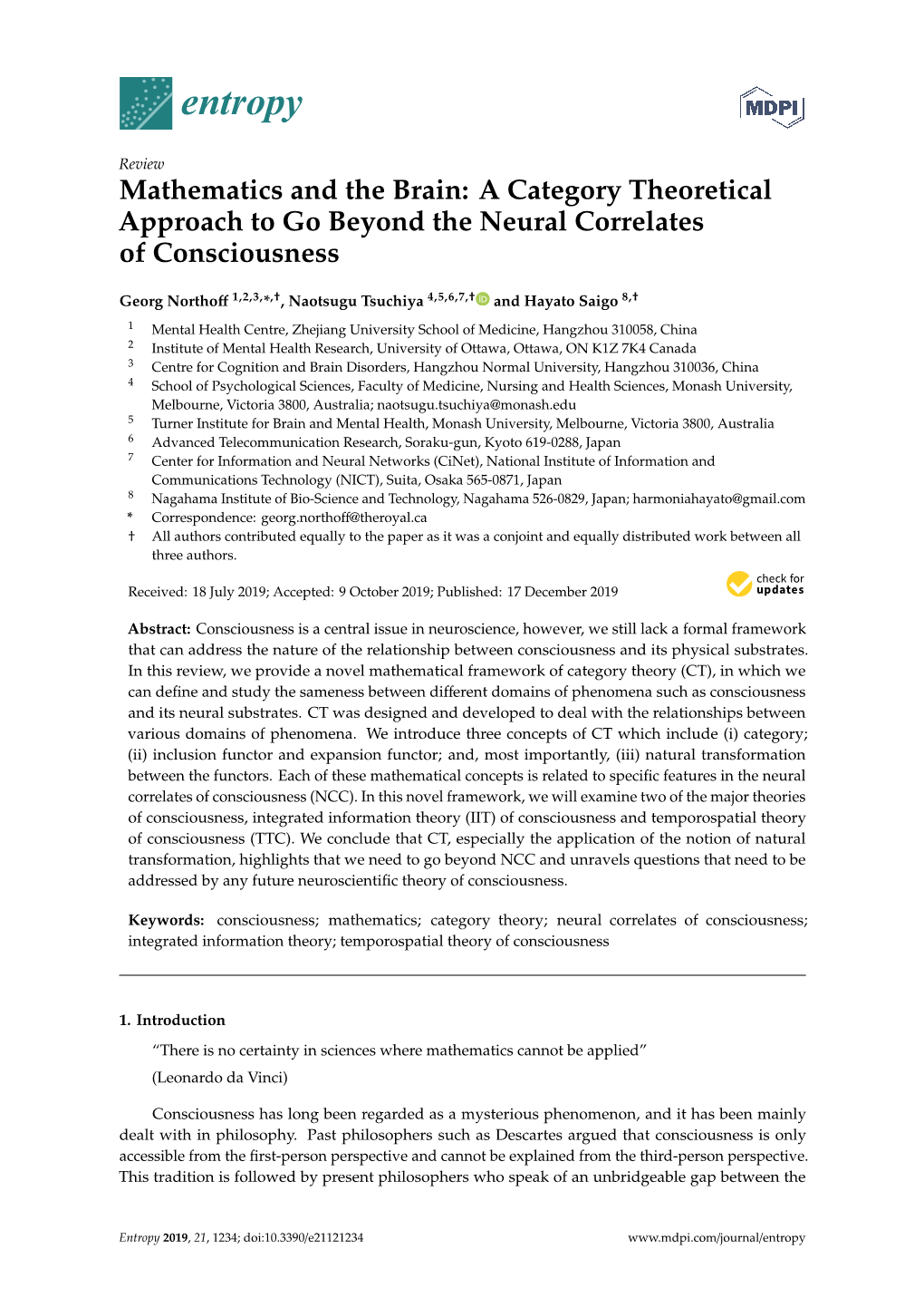 Mathematics and the Brain: a Category Theoretical Approach to Go Beyond the Neural Correlates of Consciousness