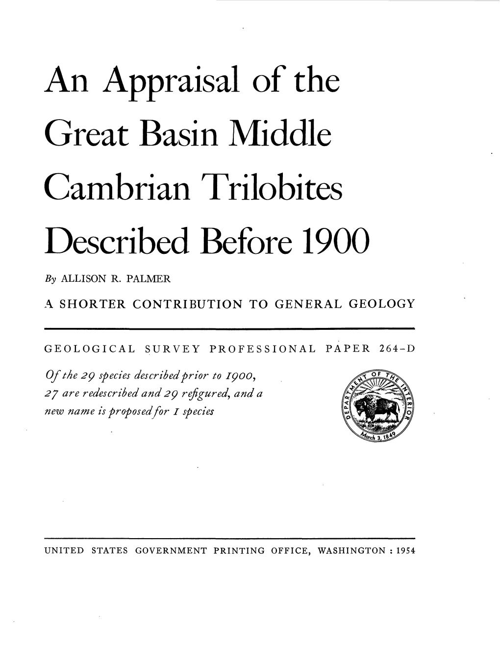 An Appraisal of the Great Basin Middle Cambrian Trilobites Described Before 1900