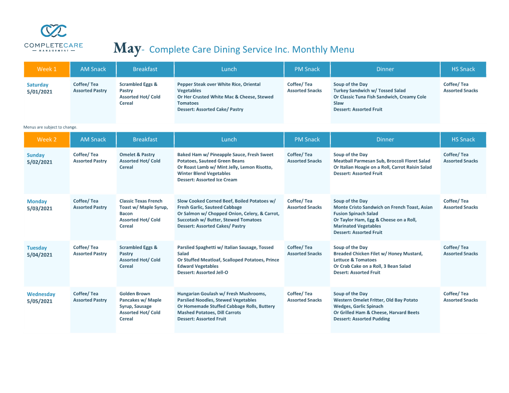 May- Complete Care Dining Service Inc. Monthly Menu